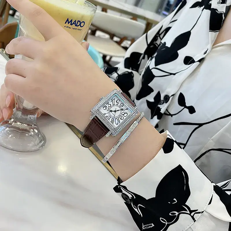 Women's Diamond Square Quartz Watch Brown Leather Belt