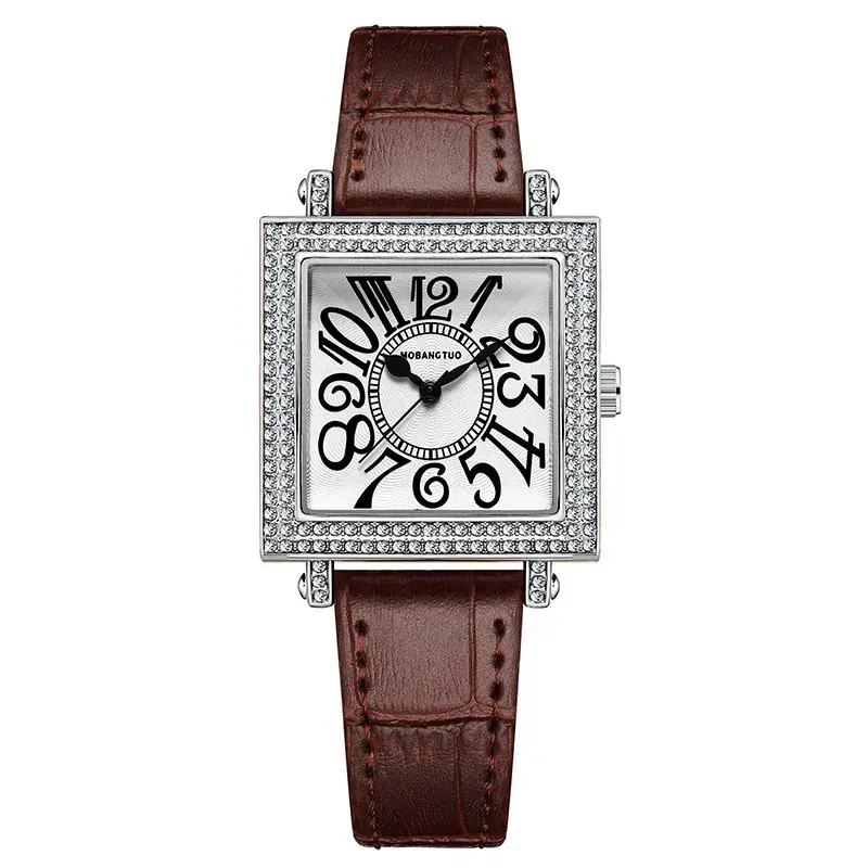 Women's Diamond Square Quartz Watch Brown Leather Belt