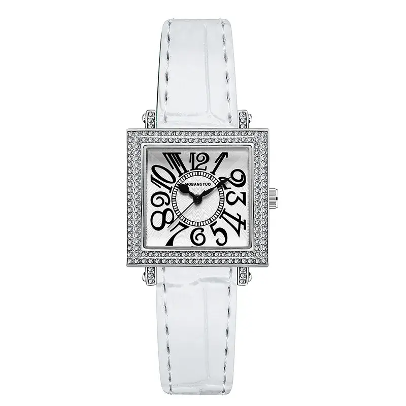 Women's Diamond Square Quartz Watch Brown Leather Belt