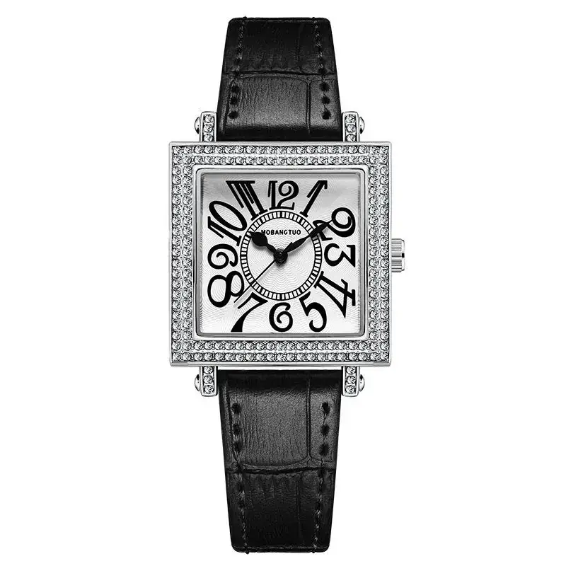 Women's Diamond Square Quartz Watch Brown Leather Belt