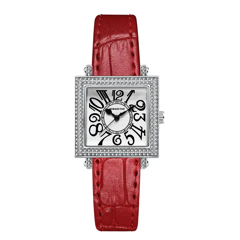 Women's Diamond Square Quartz Watch Brown Leather Belt