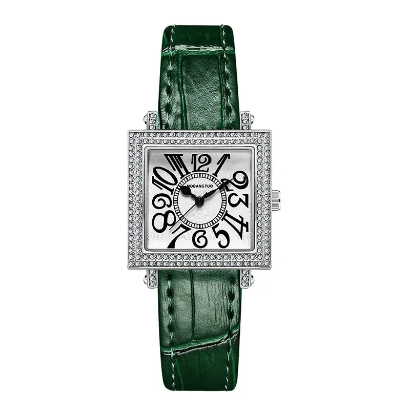 Women's Diamond Square Quartz Watch Brown Leather Belt