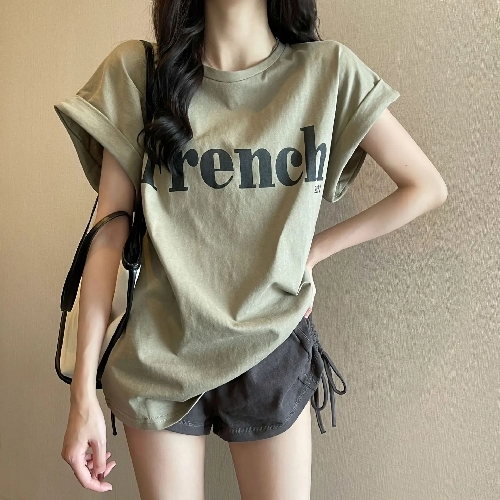 Women Frener Printed Cotton T-Shirt White Black Shorts - Image 4