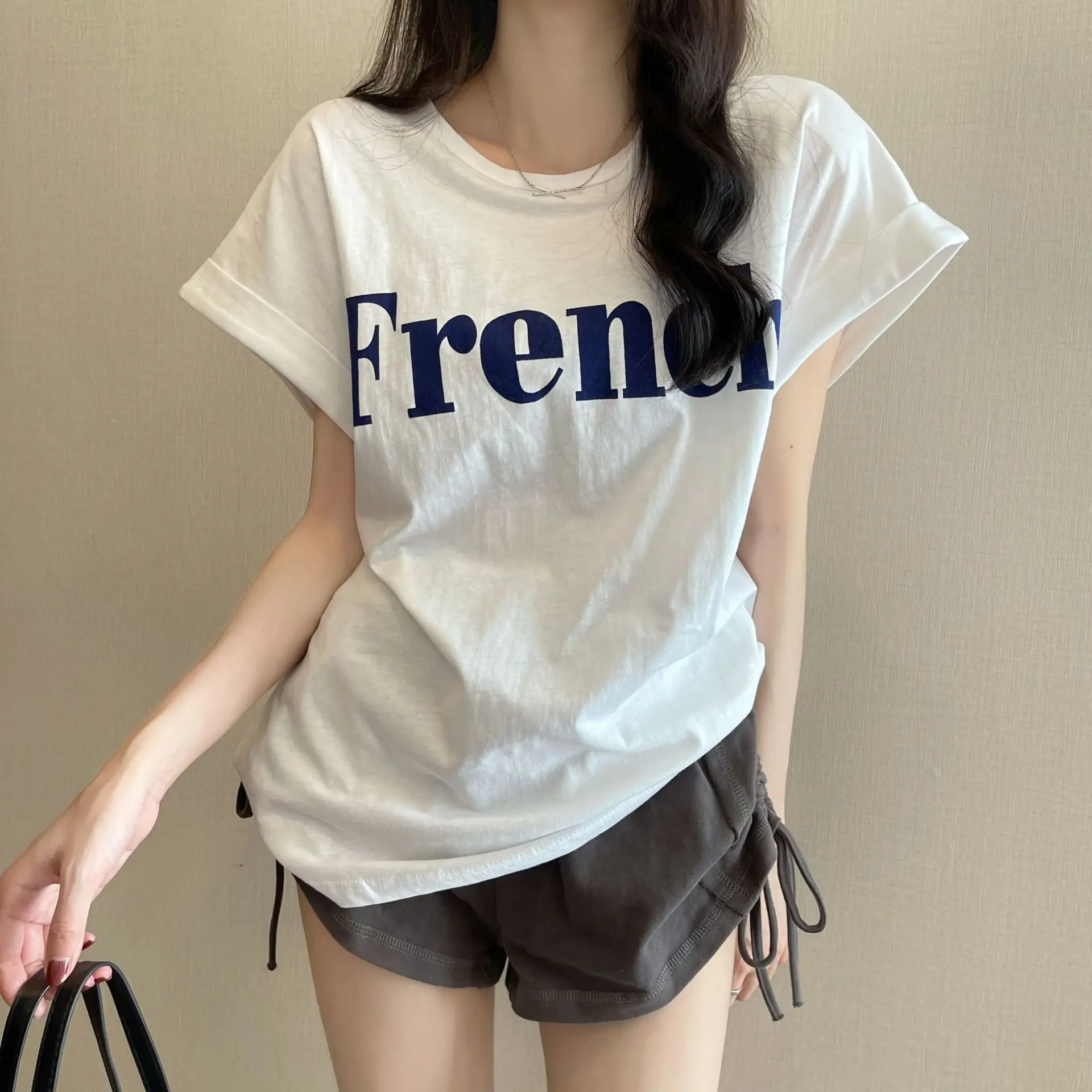 Women Frener Printed Cotton T-Shirt White Black Shorts - Image 6