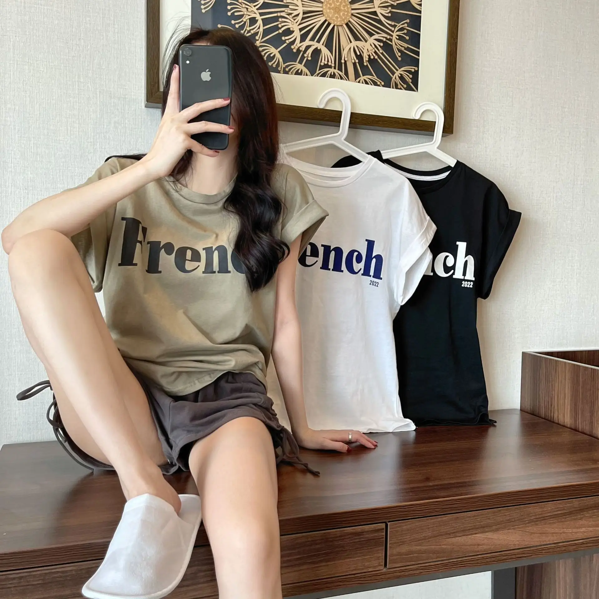 Women Frener Printed Cotton T-Shirt White Black Shorts - Image 7