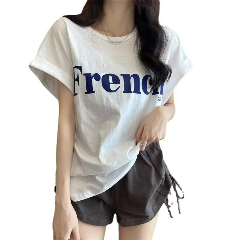 Women Frener Printed Cotton T-Shirt White Black Shorts - Image 8