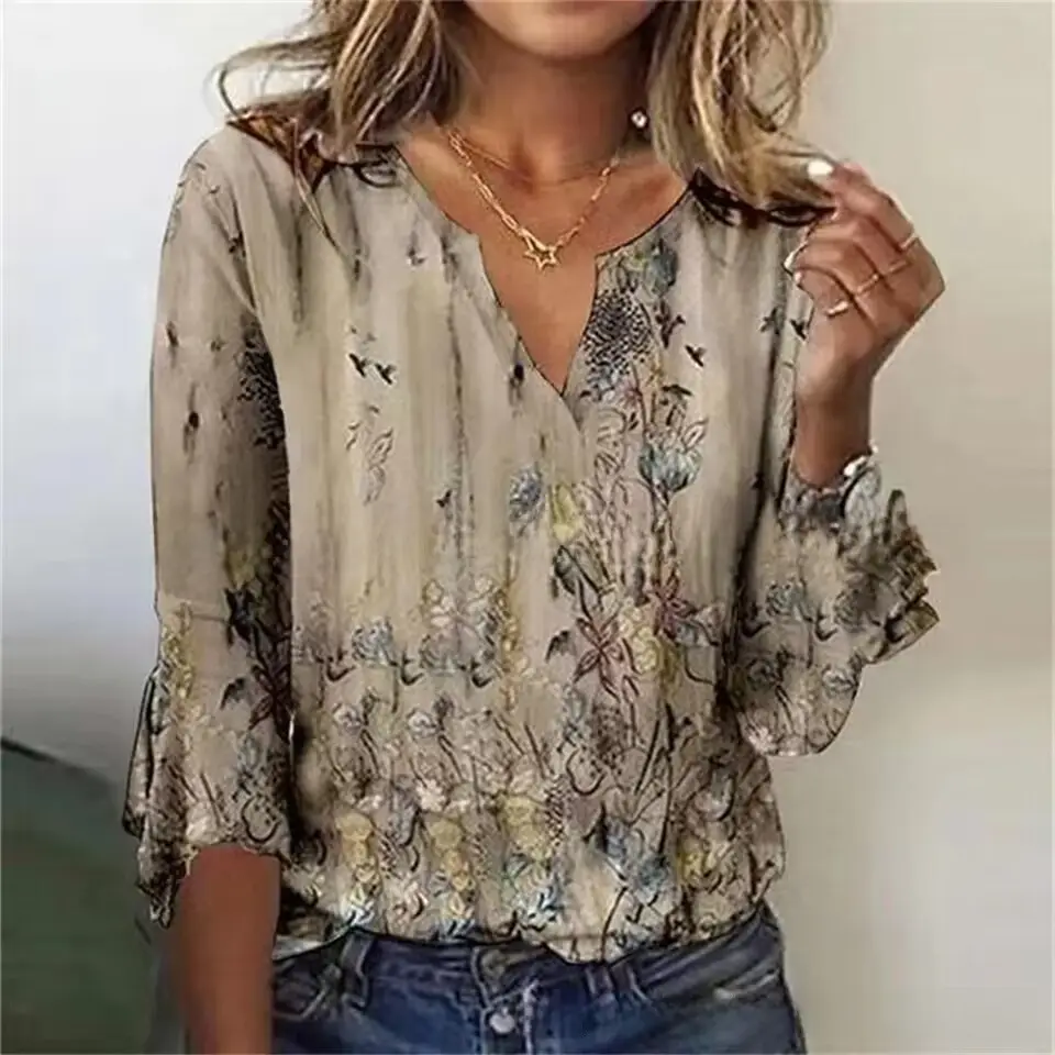 2022 Printed V-Neck T-Shirt with Black Sleeve Trim - Image 42