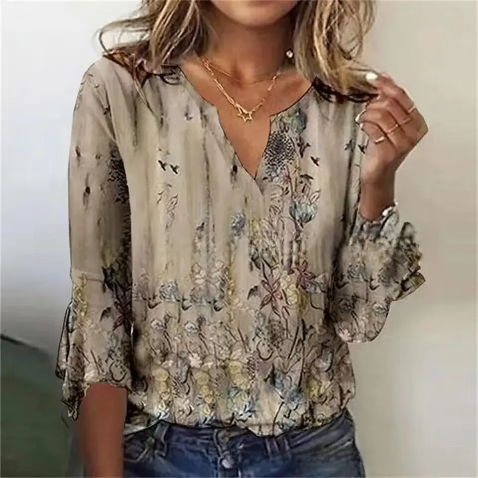 2022 Printed V-Neck T-Shirt with Black Sleeve Trim - Image 47