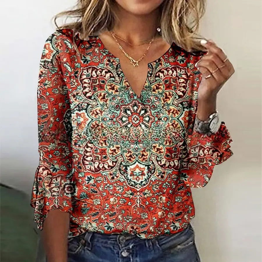 2022 Printed V-Neck T-Shirt with Black Sleeve Trim - Image 7
