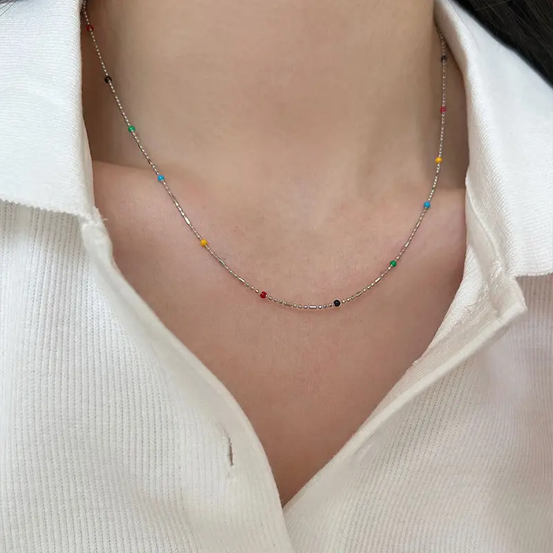 Rainbow Beaded Very Thin Clavicle Chain for Women - Image 3