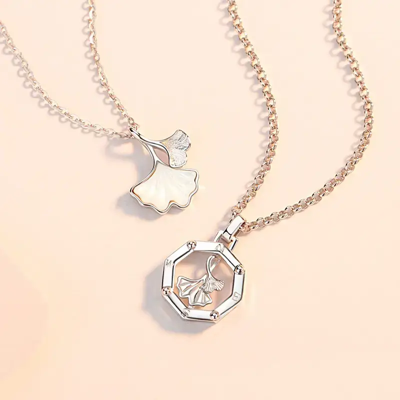 Lucky Couple Necklace Ginkgo Leaf White Mother-of-Pearl Pendant - Image 5