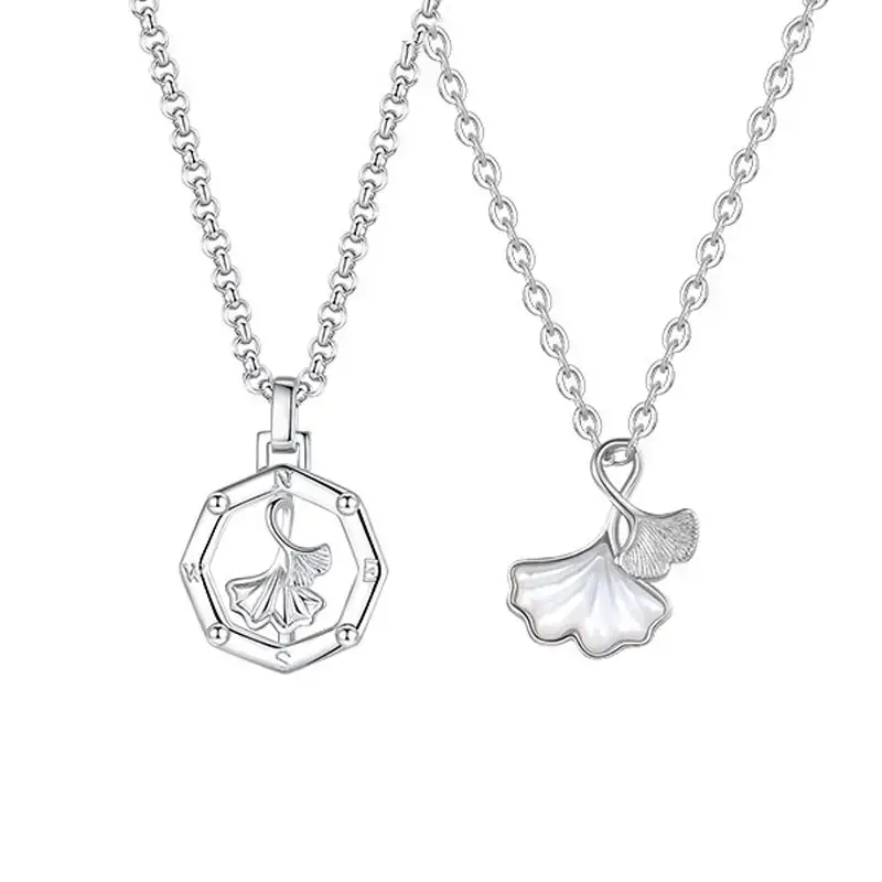 Lucky Couple Necklace Ginkgo Leaf White Mother-of-Pearl Pendant - Image 6