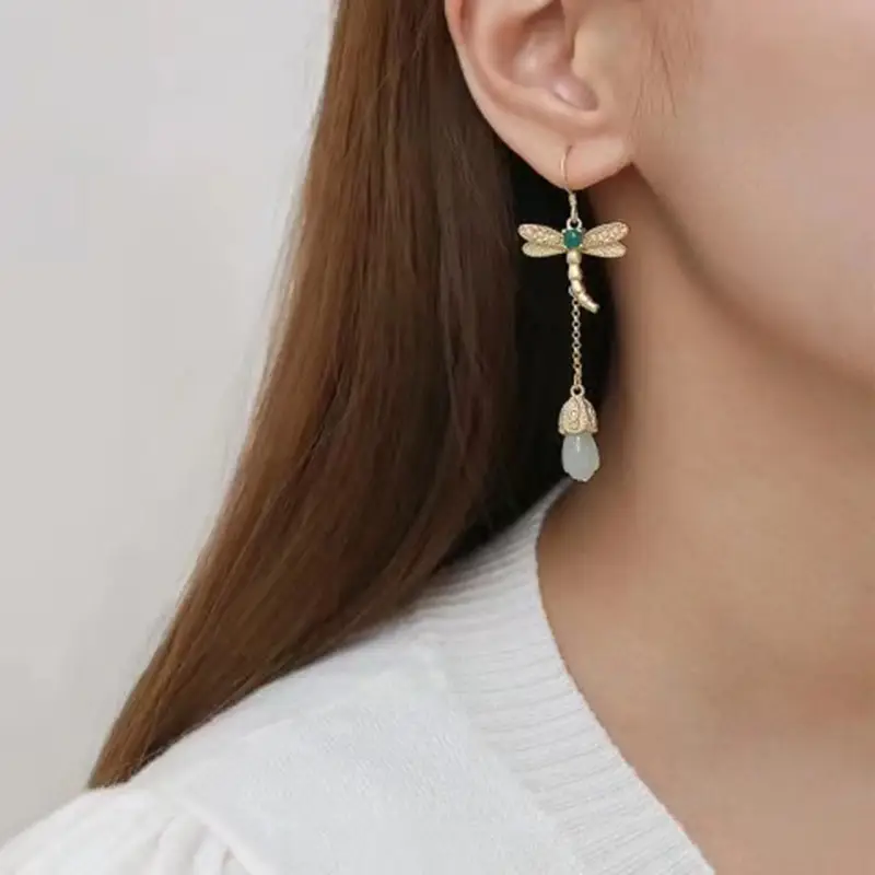 Fringed Dragonfly Ear Drop Gold Plated Elegant Light - Image 4