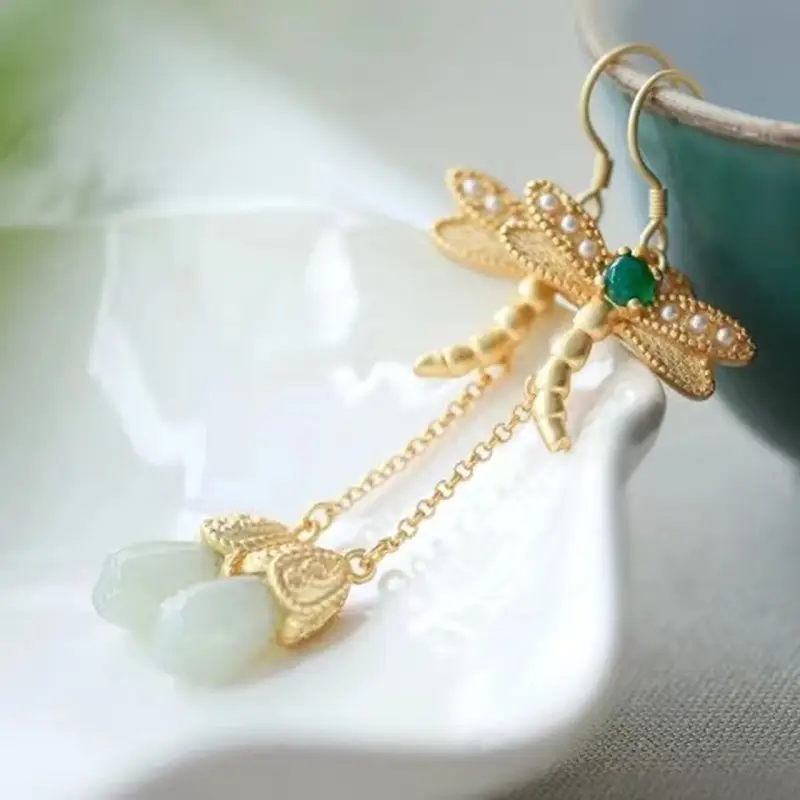Fringed Dragonfly Ear Drop Gold Plated Elegant Light - Image 5