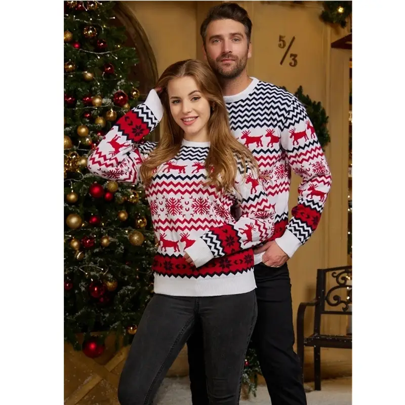 Men's Red Elk Pattern Christmas Sweater Crew Neck Long Sleeve
