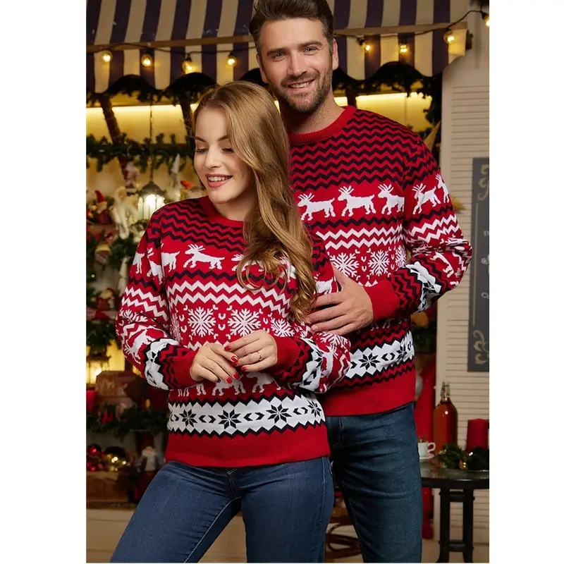 Men's Red Elk Pattern Christmas Sweater Crew Neck Long Sleeve