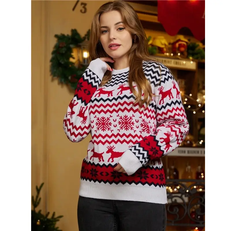 Men's Red Elk Pattern Christmas Sweater Crew Neck Long Sleeve