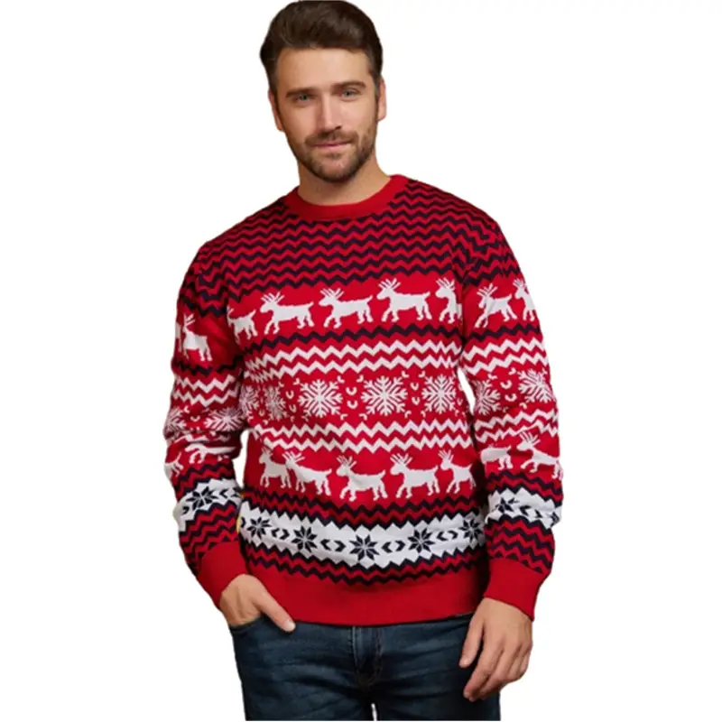 Men's Red Elk Pattern Christmas Sweater Crew Neck Long Sleeve