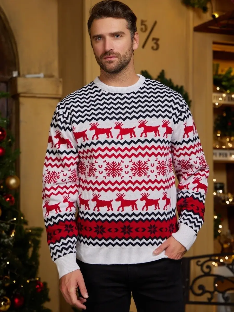 Men's Red Elk Pattern Christmas Sweater Crew Neck Long Sleeve