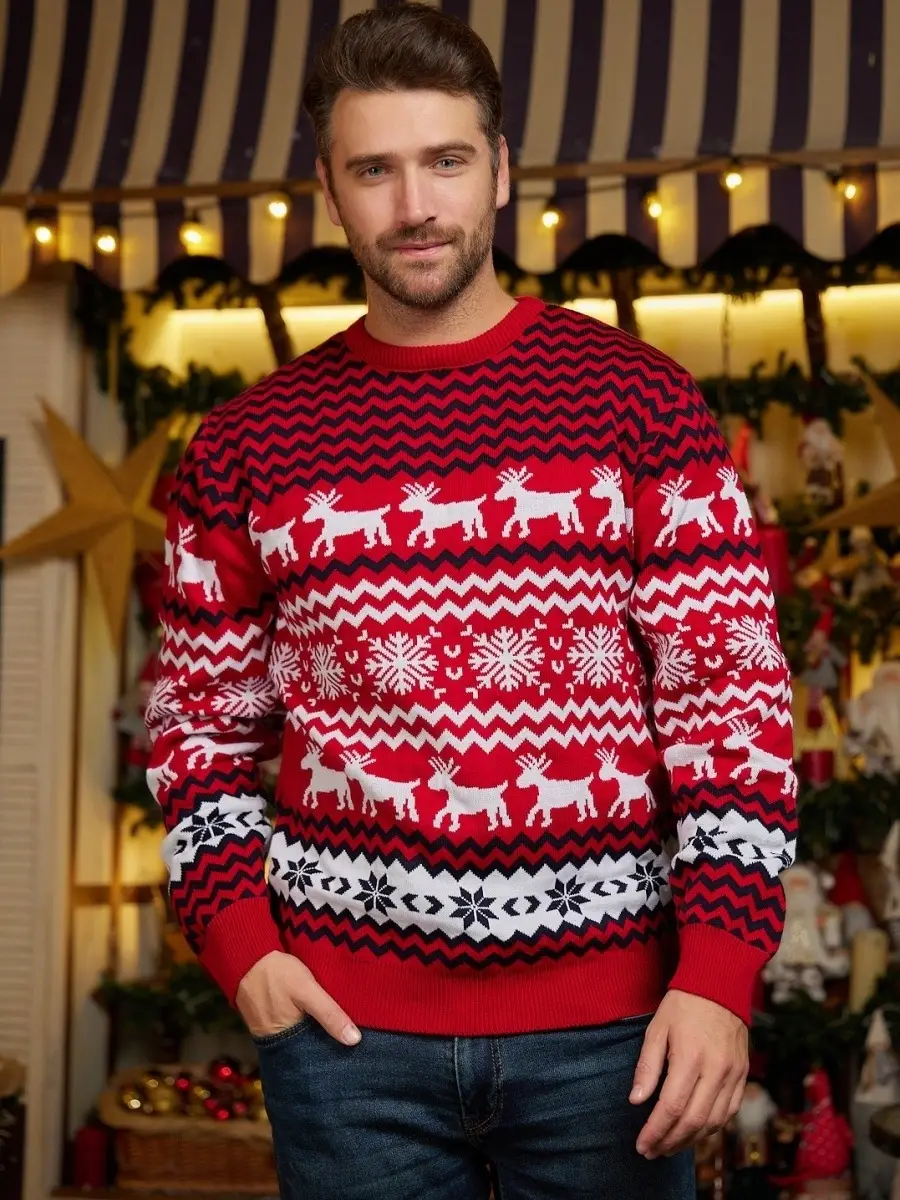 Men's Red Elk Pattern Christmas Sweater Crew Neck Long Sleeve