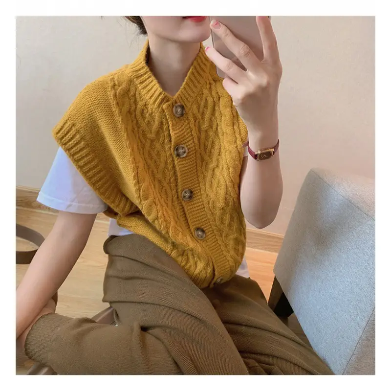 Autumn Knitted V-Neck Sweater Vest Button Thick Needle - Image 6