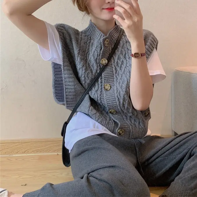 Autumn Knitted V-Neck Sweater Vest Button Thick Needle - Image 7