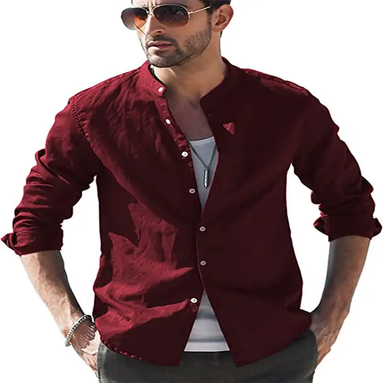 Men's Long Sleeve Cotton Shirt Blue White Maroon Black - Image 11