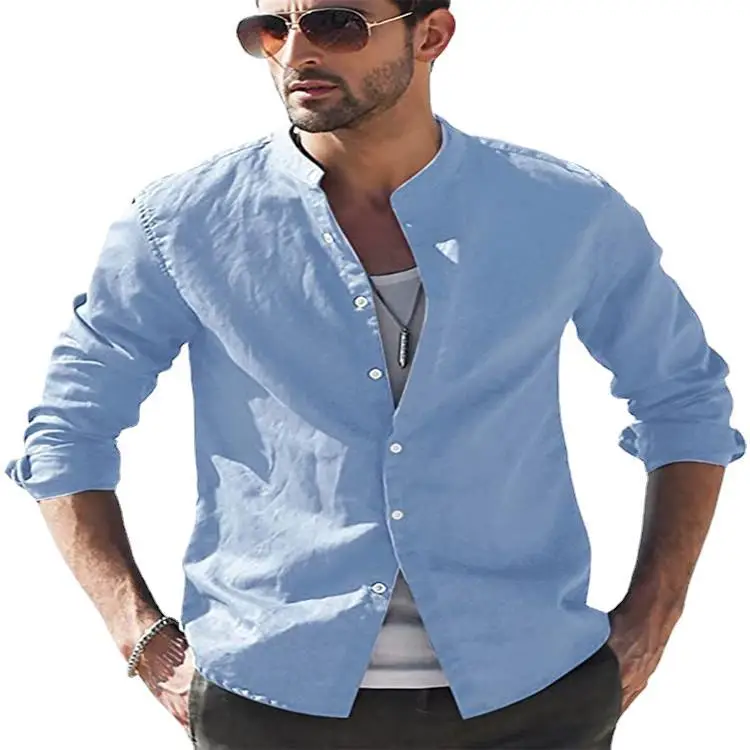 Men's Long Sleeve Cotton Shirt Blue White Maroon Black - Image 12