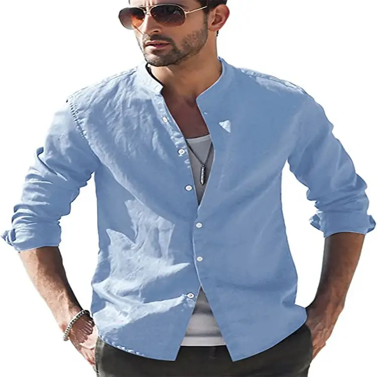 Men's Long Sleeve Cotton Shirt Blue White Maroon Black - Image 5