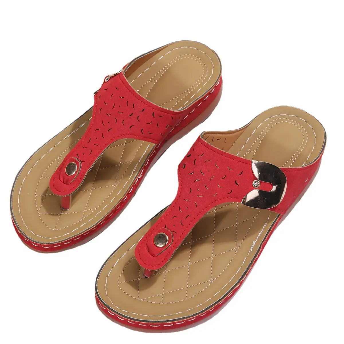 Women's Red Wedge Flip Flops with Thong Strap