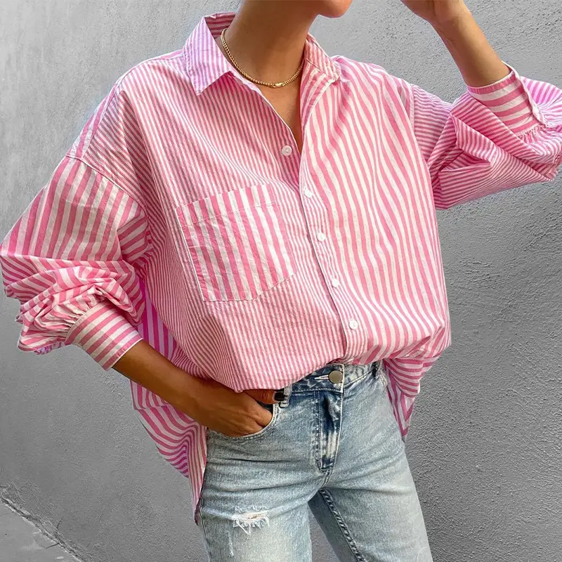Women's Green Striped Lapel Shirt 2025 Summer - Image 4