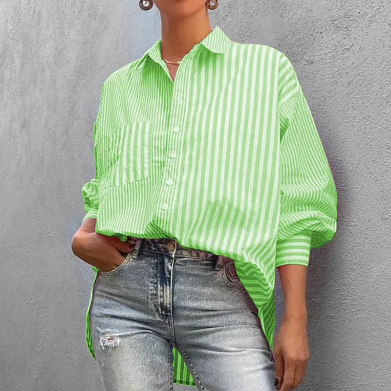 Women's Green Striped Lapel Shirt 2025 Summer - Image 6
