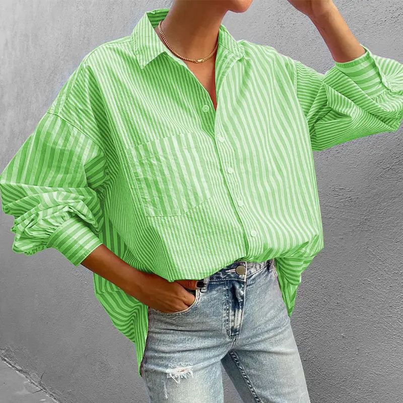 Women's Green Striped Lapel Shirt 2025 Summer - Image 2