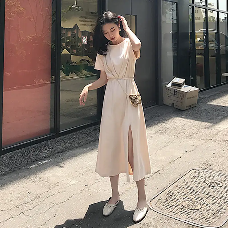 Women French Waist Slimming Dress Summer Mid-Length Slit - Image 2
