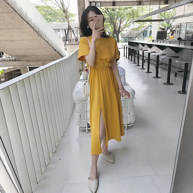 Women French Waist Slimming Dress Summer Mid-Length Slit - Image 3