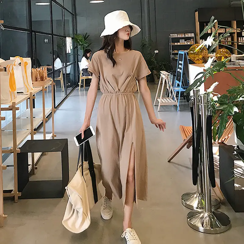Women French Waist Slimming Dress Summer Mid-Length Slit - Image 4