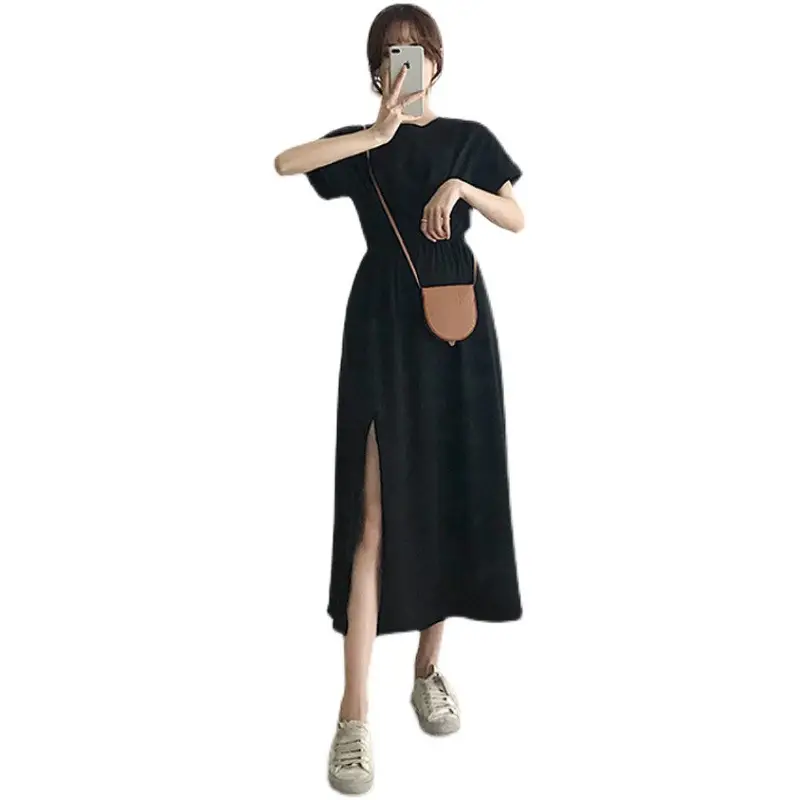 Women French Waist Slimming Dress Summer Mid-Length Slit - Image 5