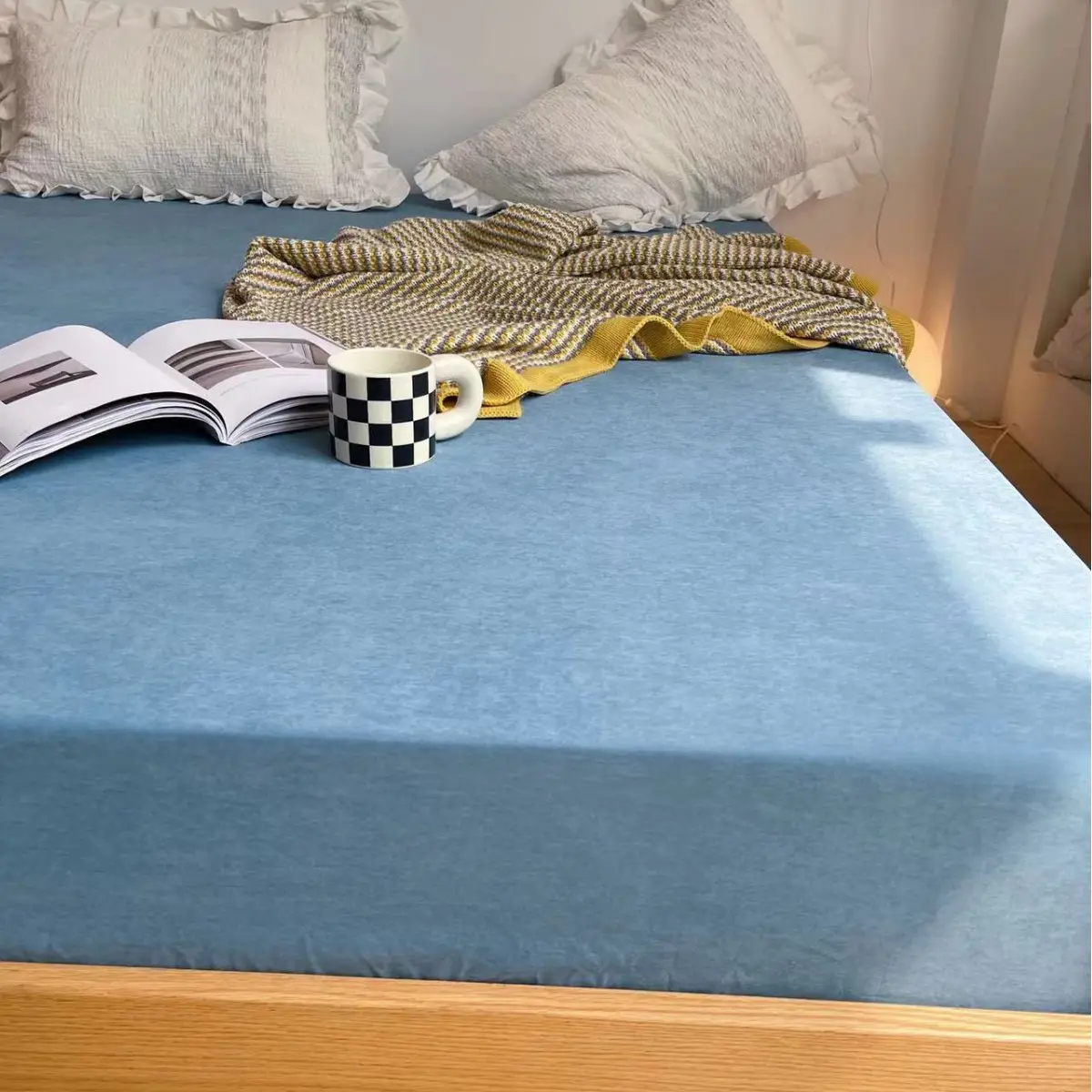Dustproof Anti-Slip Simmons Bed Cover Blue Solid Color - Image 4