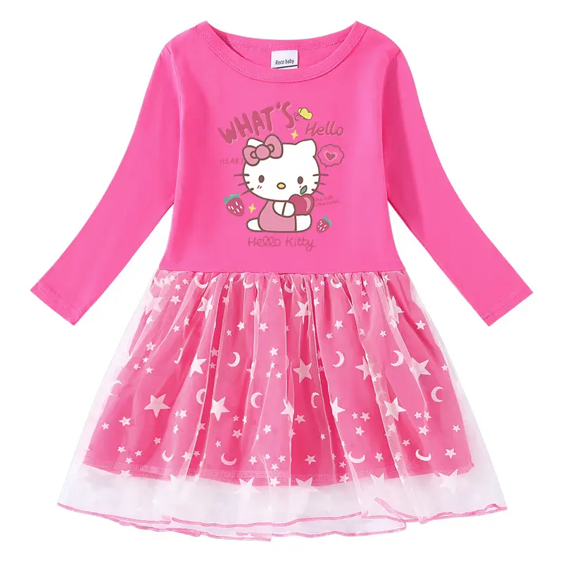 Pink Hello Kitty Long Sleeve Girls Dress Cotton Star Moon Mesh