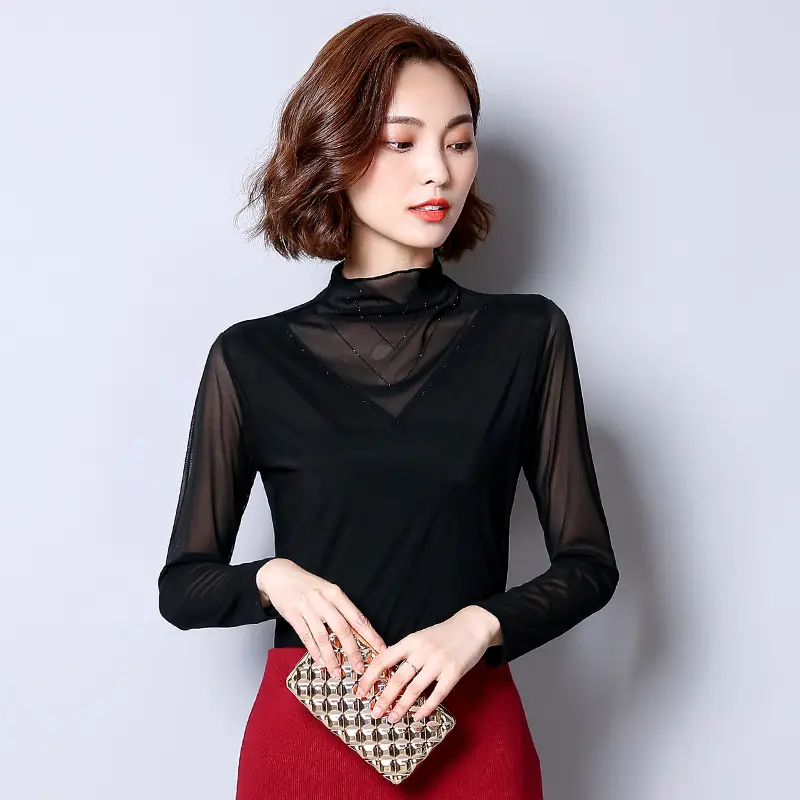 Women's Black Mesh Half Turtleneck Long Sleeve Top