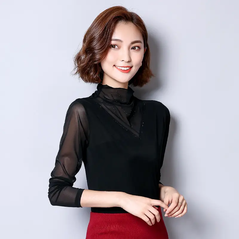 Women's Black Mesh Half Turtleneck Long Sleeve Top