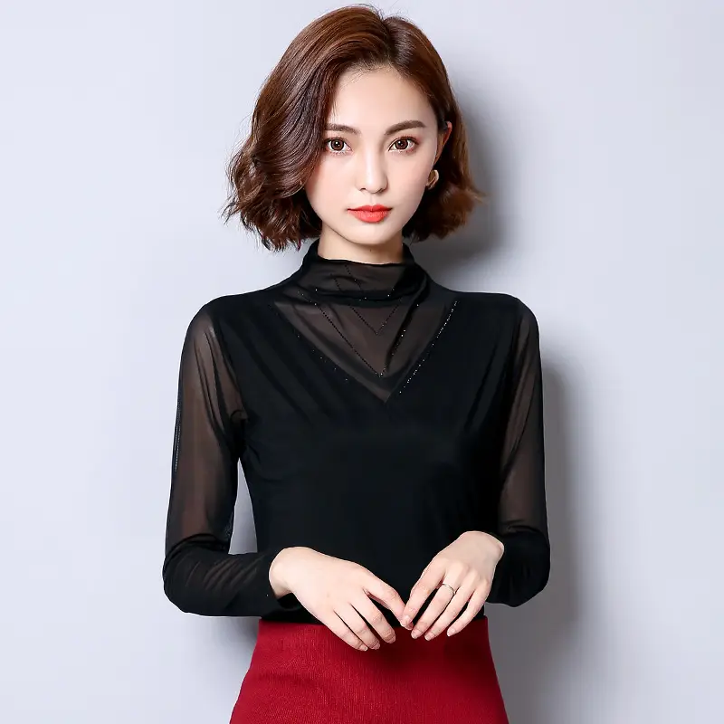 Women's Black Mesh Half Turtleneck Long Sleeve Top