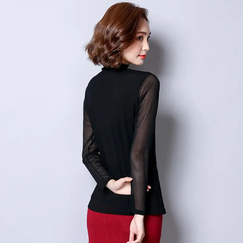 Women's Black Mesh Half Turtleneck Long Sleeve Top