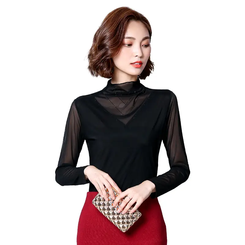 Women's Black Mesh Half Turtleneck Long Sleeve Top
