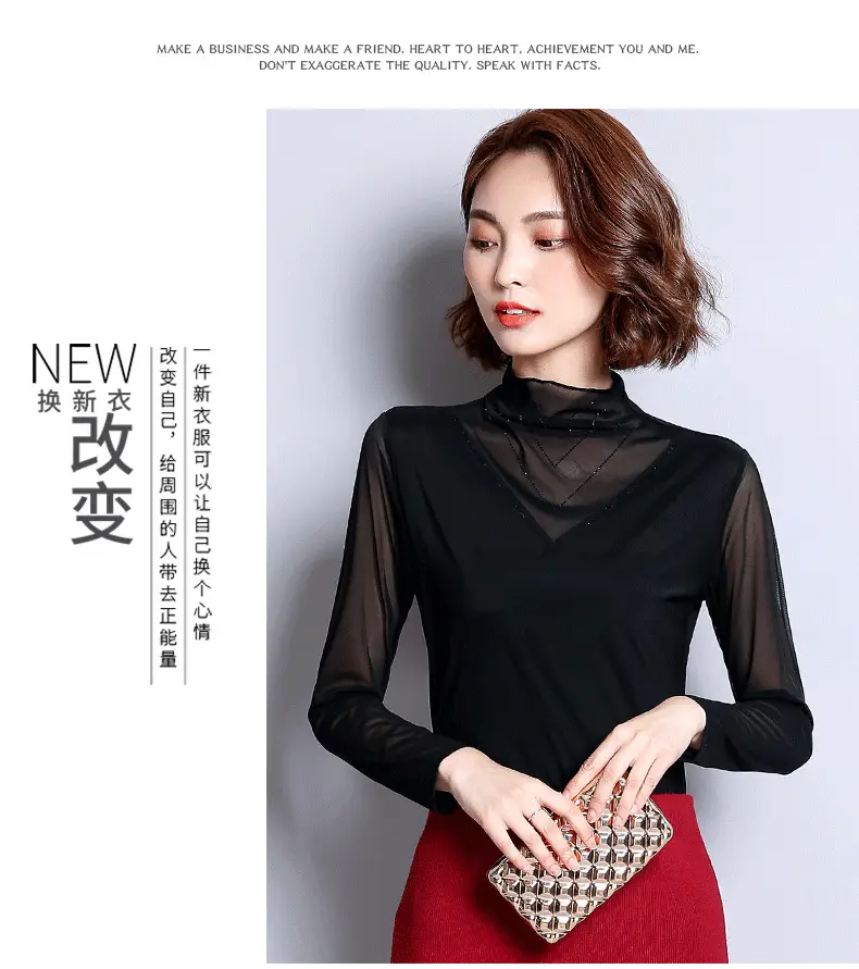 Women's Black Mesh Half Turtleneck Long Sleeve Top — feature 10