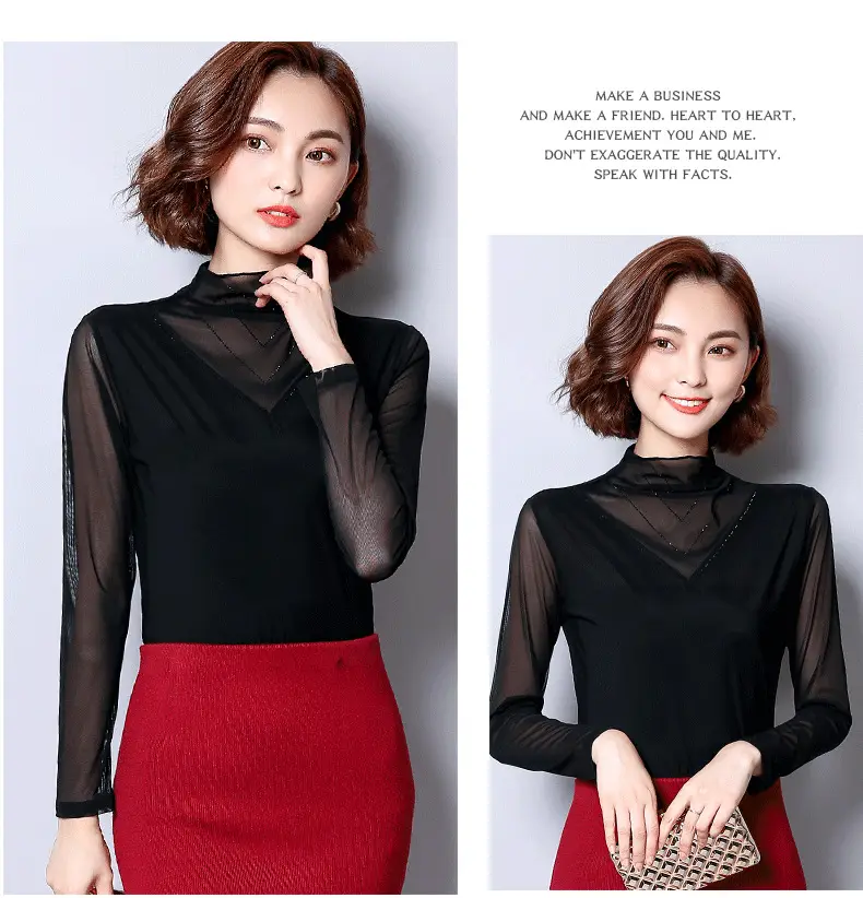 Women's Black Mesh Half Turtleneck Long Sleeve Top — feature 11