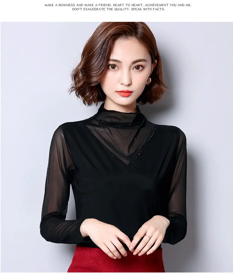 Women's Black Mesh Half Turtleneck Long Sleeve Top — feature 12