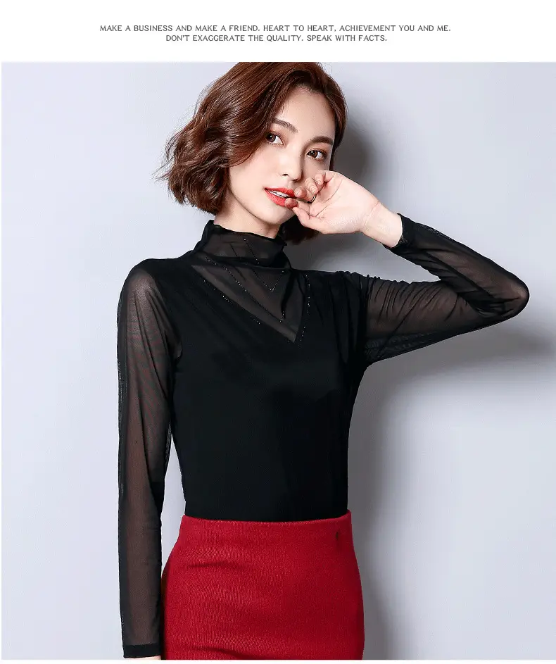 Women's Black Mesh Half Turtleneck Long Sleeve Top — feature 13