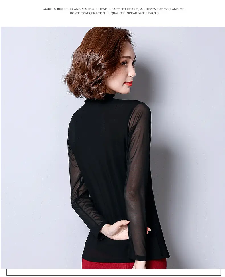 Women's Black Mesh Half Turtleneck Long Sleeve Top — feature 14