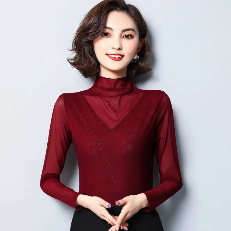 Women's Black Mesh Half Turtleneck Long Sleeve Top